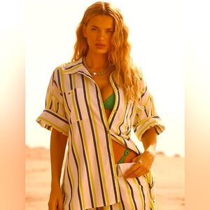 Anthropologie Striped Button Down Shirt - Yellow, Blue, Green